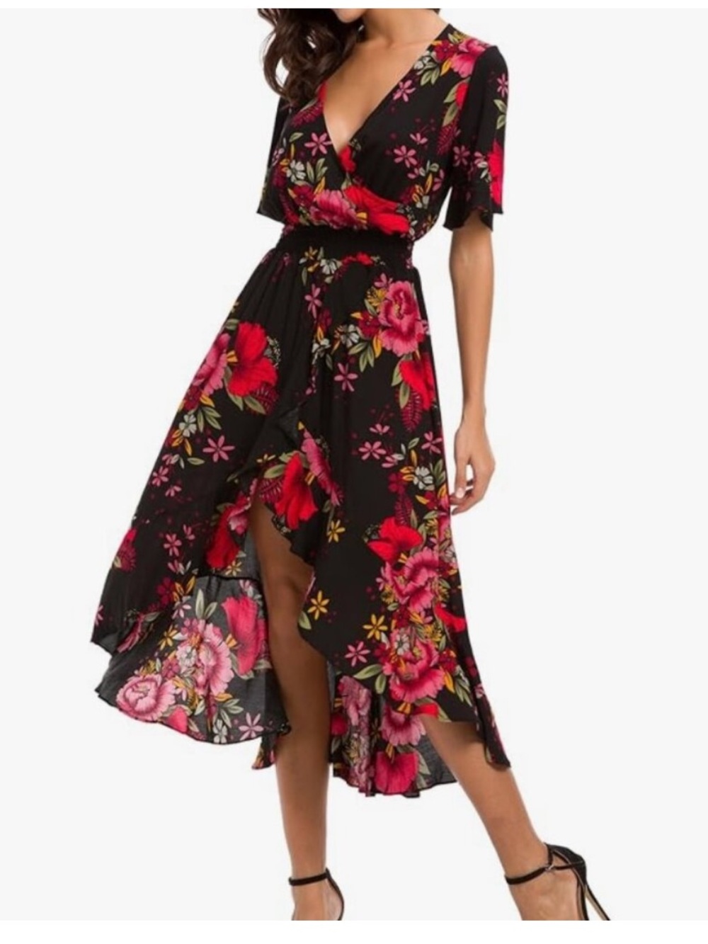 Kormei deep V flowing floral hi low midi dress black/pink/red sz XL